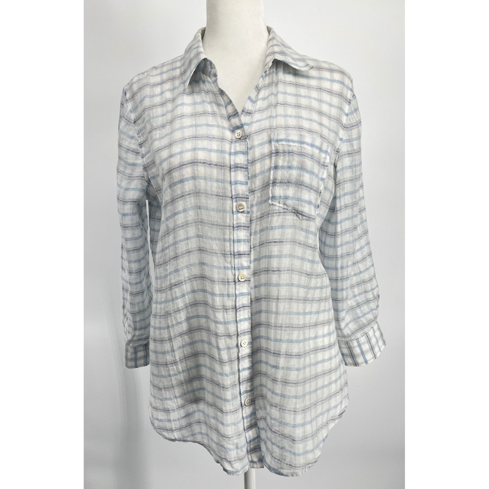 Theory Women Cotton Silk Sheer Plaid Button Down Shirt Quiet Luxury Coastal Sz M